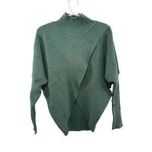 REVEL Mock‎ Neck Asymmetrical Knit Sweater Green Womens Medium Chic Contemporary